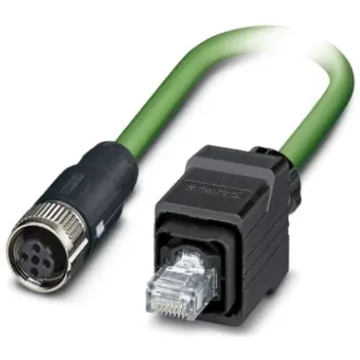 Network cable, RJ45 plug, straight to M12 socket, straight, Cat 5, SF/TQ, PVC, 2 m, green, 1407549 - 1