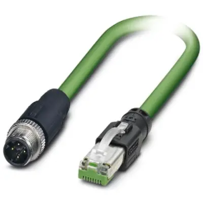 Network cable, M12-plug, straight to RJ45 plug, straight, Cat 5, SF/TQ, PUR, 5 m, green, 1038731 - 1