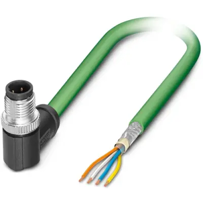 Network cable, M12-plug, angled to open end, Cat 5, SF/TQ, PUR, 5 m, green, 1416743 - 1