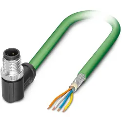 Network cable, M12-plug, angled to open end, Cat 5, SF/TQ, PUR, 10 m, green, 1416744