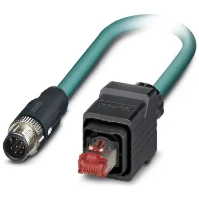 Network cable, M12-plug, straight to RJ45 plug, straight, Cat 5, SF/UTP, PUR, 1 m, blue, 1407430 - 1