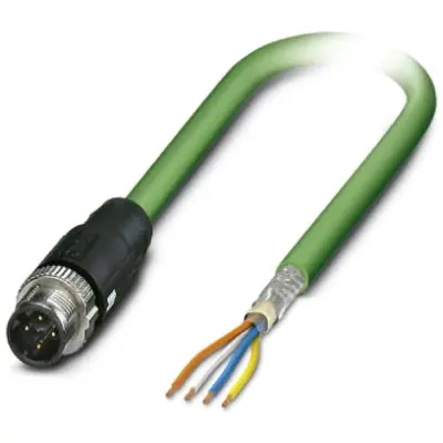 Network cable, M12-plug, straight to open end, Cat 5, SF/TQ, PVC, 1 m, green, 1407495 - 1