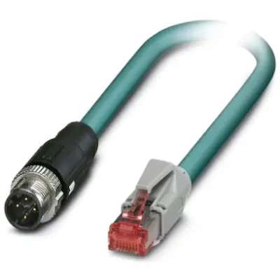 Network cable, M12-plug, straight to RJ45 plug, straight, Cat 5, SF/UTP, PUR, 1 m, blue, 1407360 - 1