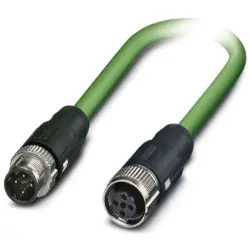 Network cable, M12-plug, straight to M12 socket, straight, Cat 5, SF/TQ, PVC, 5 m, green, 1407555