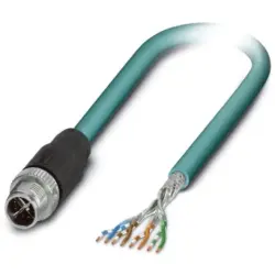 Network cable, M12-plug, straight to open end, Cat 6A, S/FTP, PUR, 1 m, blue, 1407467