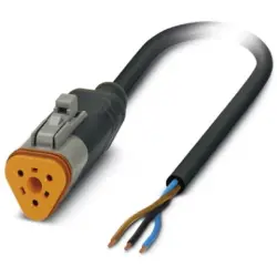 Sensor actuator cable, cable socket to open end, 3 pole, 3 m, PUR, black, 8 A, 1414996