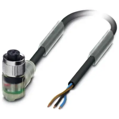 Sensor actuator cable, M12-cable socket, angled to open end, 3 pole, 3 m, PUR, black, 4 A, 1668263 - 1