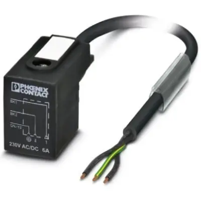 Sensor actuator cable, valve connector DIN shape B to open end, 3 pole, 10 m, PUR, black, 6 A, 1438862 - 1