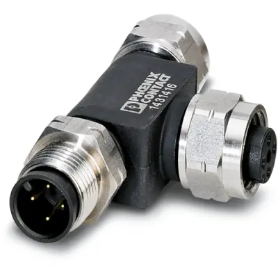 Adapter, M12 (5 pole, plug) to M12 (5 pole, socket), T-shape, 1403898 - 1