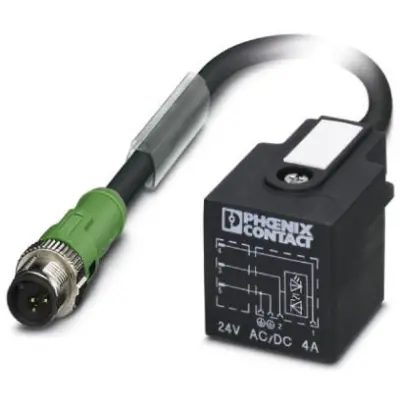 Sensor actuator cable, M12-cable plug, straight to valve connector DIN shape A, 3 pole, 0.3 m, PUR, black, 4 A, 1434882 - 1