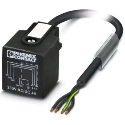 Sensor actuator cable, valve connector DIN shape A to open end, 4 pole, 3 m, PUR, black, 4 A, 1438956 - 1