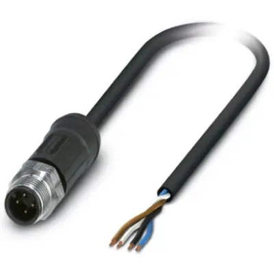 Sensor actuator cable, M12-cable plug, straight to open end, 4 pole, 5 m, PE-X, black, 4 A, 1454053 - 1