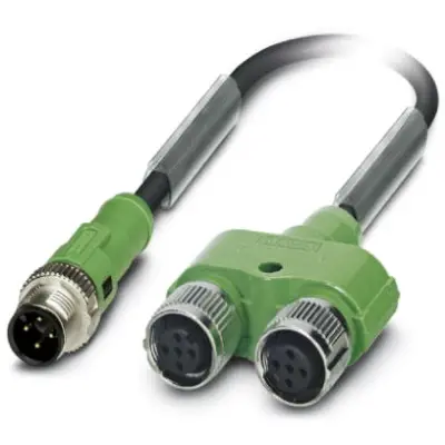 Sensor actuator cable, M12-cable plug, straight to 2 x M12 cable socket, straight, 4 pole, 0.6 m, PUR, black, 4 A, 1436217 - 1