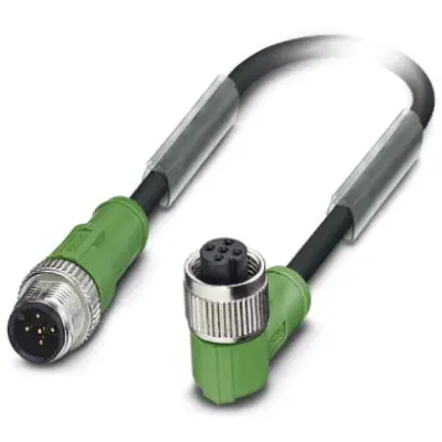Sensor actuator cable, M12-cable plug, straight to M12-cable socket, angled, 5 pole, 1.5 m, PVC, black, 4 A, 1415701 - 1
