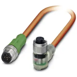 Sensor actuator cable, M12-cable plug, straight to M12-cable socket, angled, 5 pole, 5 m, PUR, orange, 4 A, 1416154