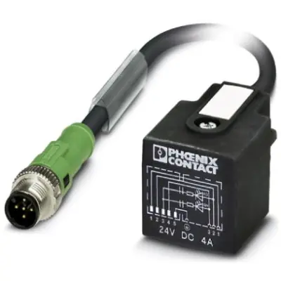 Sensor actuator cable, M12-cable plug, straight to valve connector DIN shape A, 5 pole, 1.5 m, PUR, black, 4 A, 1435056 - 1