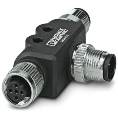 Adapter, 2 x M12 (5 pole, socket/plug) to M12 (5 pole, plug), T-shape, 1424713 - 1