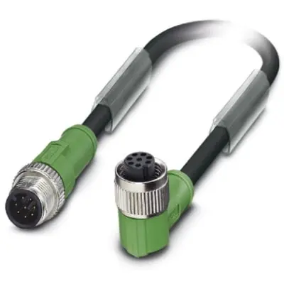 Sensor actuator cable, M12-cable plug, straight to M12-cable socket, angled, 8 pole, 3 m, PUR, black, 2 A, 1522752 - 1