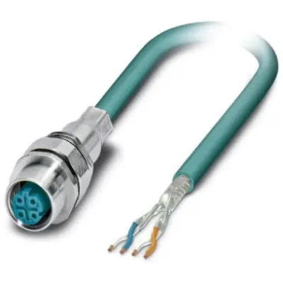 Sensor actuator cable, M12-cable socket, straight to open end, 4 pole, 1 m, PUR, turquoise, 4 A, 1528497 - 1