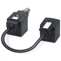 Sensor actuator cable, M12-cable plug, angled to valve connector DIN shape A, 4 pole, 0.15 m, PUR/PVC, black, 4 A, 1458143