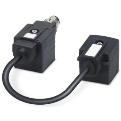 Sensor actuator cable, M12-cable plug, angled to valve connector DIN shape A, 4 pole, 0.15 m, PUR/PVC, black, 4 A, 1458143 - 1