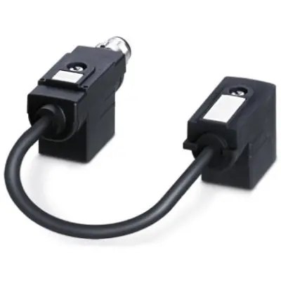 Sensor actuator cable, M12-cable plug, angled to valve connector DIN shape B, 4 pole, 0.15 m, PUR/PVC, black, 4 A, 1458321 - 1