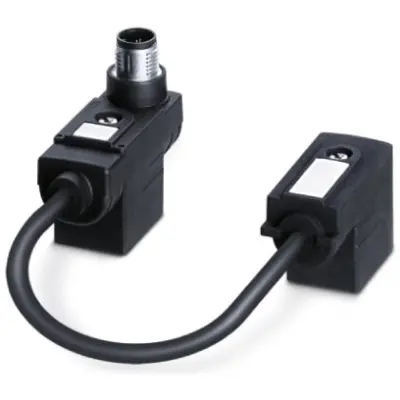 Sensor actuator cable, M12-cable plug, straight to valve connector DIN shape B, 4 pole, 0.1 m, PUR/PVC, black, 4 A, 1458282 - 1
