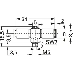 T turn connector, L 34 mm, brass, for 4 x 1 and 4 x 0.65 tubing, 52.080