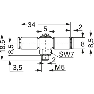T turn connector, L 34 mm, brass, for 4 x 1 and 4 x 0.65 tubing, 52.080 - 1