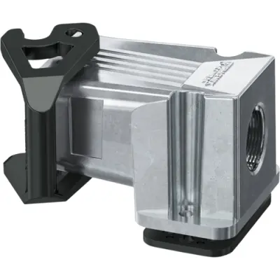 Surface mount housing, size COM, die-cast aluminum, 1 x M25, angled, longitudinal bow locking, IP66, 1078596 - 1