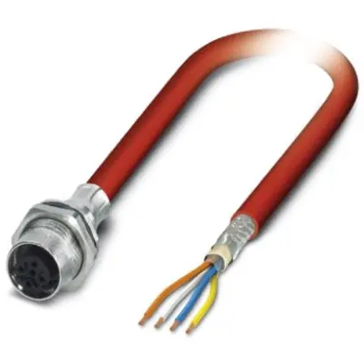 Sensor actuator cable, M12-cable socket, straight to open end, 4 pole, 2 m, PUR, red, 4 A, 1419156 - 1