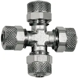 Cross connector, L 22.5 mm, 18 bar, brass, nickel-plated, for hose, 110638