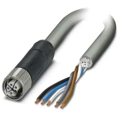 Sensor actuator cable, M12-cable socket, straight to open end, 5 pole, 10 m, PUR, gray, 16 A, 1414824 - 1