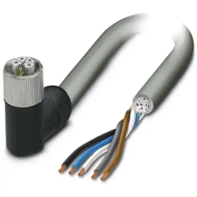 Sensor actuator cable, M12-cable socket, angled to open end, 5 pole, 5 m, PVC, gray, 16 A, 1414811 - 1
