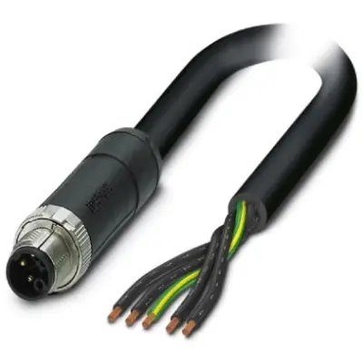 Sensor actuator cable, M12-cable plug, straight to open end, 5 pole, 5 m, PUR, black, 16 A, 1414875 - 1