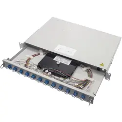 FO patch panel, 12 x 9/125 OS2, 12 x E2000/APC, horizontal, 1 row, (W x H x D) 482 x 44 x 300 mm, gray, 100021937