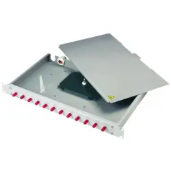 FO patch panel, OM3 multimode, 12 x LC duplex, horizontal, 1 row, (W x H x D) 482 x 44 x 265 mm, gray, 100022138
