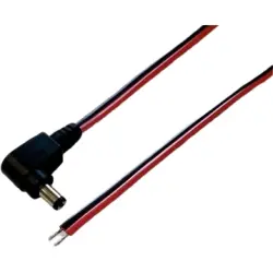 DC connection cable, 500 mm, red/black, plug 2.1 x 5.5 mm, angled to open end, 075148